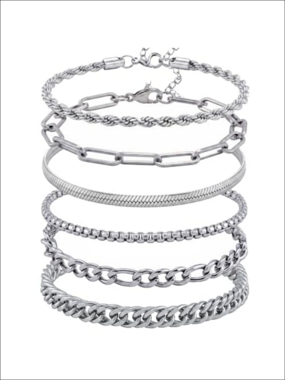 6 Pc Stainless Steel Cuban Link Bracelet Set Unisex 8.3 Inch Stackable Chain